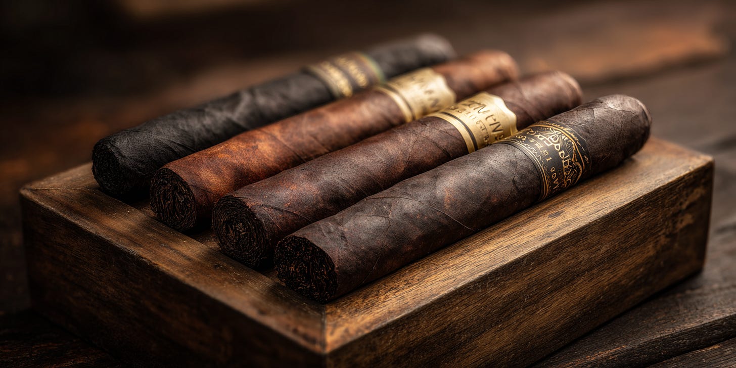 Selection of popular Maduro-wrapped cigars displayed on a wooden tray Selection of popular Maduro-wrapped cigars displayed on a wooden tray