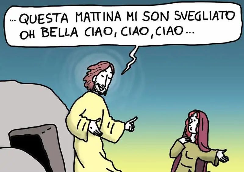 Vignetta satirica di Gesù che esce dal sepolcro cantando "Bella Ciao" davanti a una donna sorpresa, riferimento alla Pasqua e alla liberazione. Vignetta satirica di Gesù che esce dal sepolcro cantando "Bella Ciao" davanti a una donna sorpresa, riferimento alla Pasqua e alla liberazione.