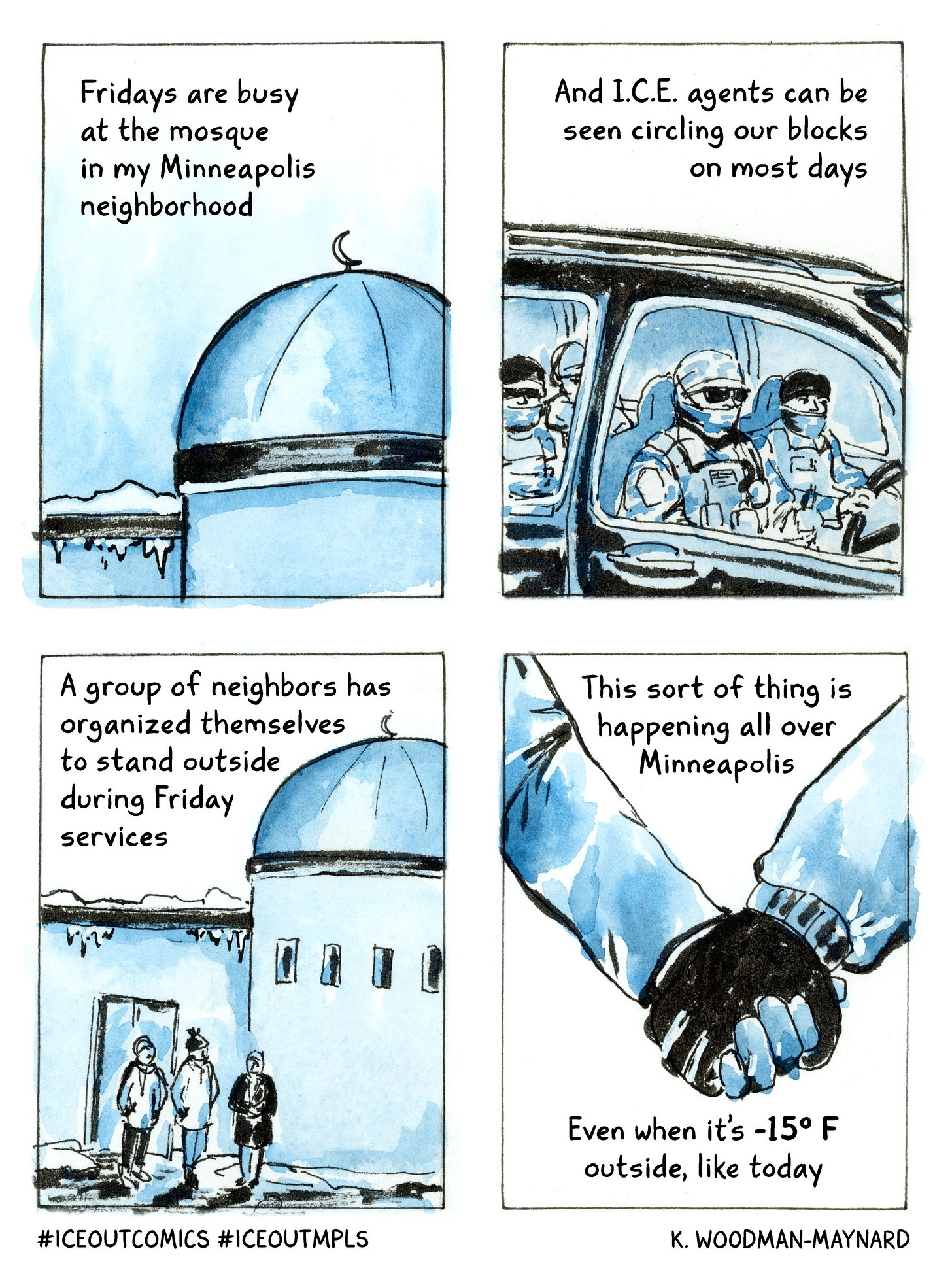 Watercolor comic by graphic novelist K.Woodman-Maynard about the historic statewide walkout and strike against ICE’s impact in Minnesota. 