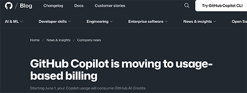 GitHub blog heading that says: GitHub Copilot is moving to usage-based billing