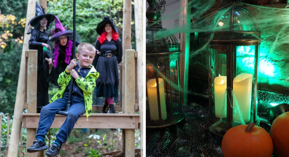 Two pictures - one of a boy on a zipline with witches behind him and one of green lit lanterns with pumpkins