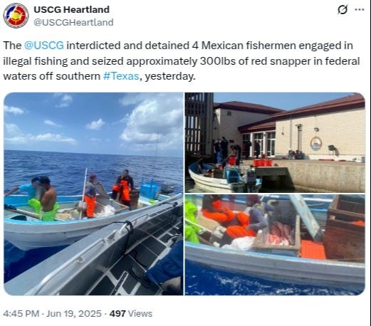 Another 300 pounds of Red Snapper poached by Gulf Cartel boat crewmen were seized off the South Texas coast on June 18, 2025. Another 300 pounds of Red Snapper poached by Gulf Cartel boat crewmen were seized off the South Texas coast on June 18, 2025.