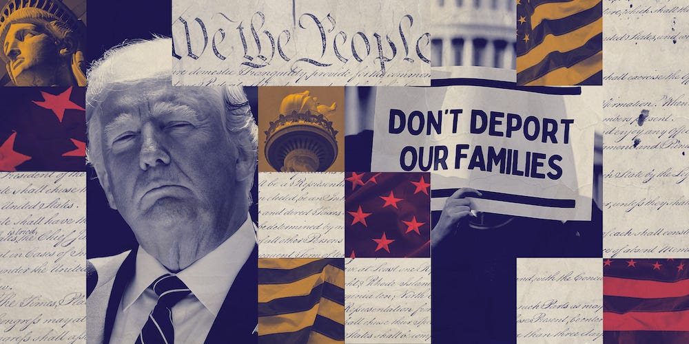 A graphic featuring Trump and imagery pertaining to immigration. A graphic featuring Trump and imagery pertaining to immigration.