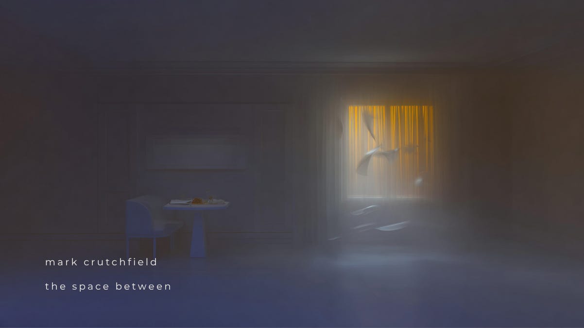 A moody, atmospheric room is cast in deep blue shadows, with a single spotlight of warm light pouring through a window on the right. Papers are suspended mid-air, as if caught by an unseen breeze, suggesting motion, memory, or transition. On the left, a minimal table and chair hold an untouched meal and a book, emphasizing solitude and contemplation. The image, part of The Space Between by Mark Crutchfield, visually explores emotional pause, liminality, and the quiet moments of insight between action and outcome A moody, atmospheric room is cast in deep blue shadows, with a single spotlight of warm light pouring through a window on the right. Papers are suspended mid-air, as if caught by an unseen breeze, suggesting motion, memory, or transition. On the left, a minimal table and chair hold an untouched meal and a book, emphasizing solitude and contemplation. The image, part of The Space Between by Mark Crutchfield, visually explores emotional pause, liminality, and the quiet moments of insight between action and outcome