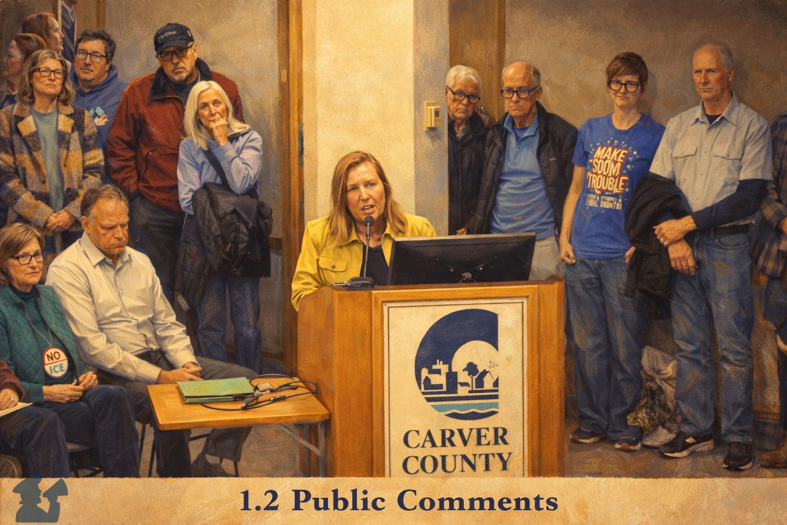 Illustration of Carver County citizens voicing their oppostion to a contract with ICE Illustration of Carver County citizens voicing their oppostion to a contract with ICE