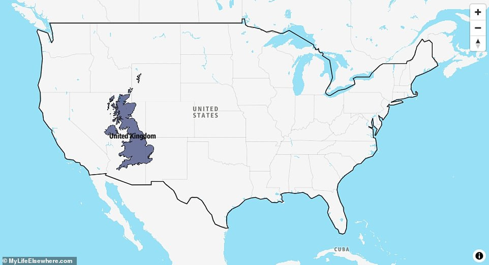 The United States (9,833,517 sq km) is about 40 times bigger than the United Kingdom (243,610 sq km), with 269million more people living there The United States (9,833,517 sq km) is about 40 times bigger than the United Kingdom (243,610 sq km), with 269million more people living there