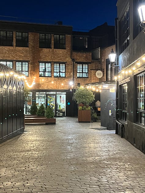Outside Jamie Oliver's HQ and offices in north London including the outside entrance, and inside dining area
