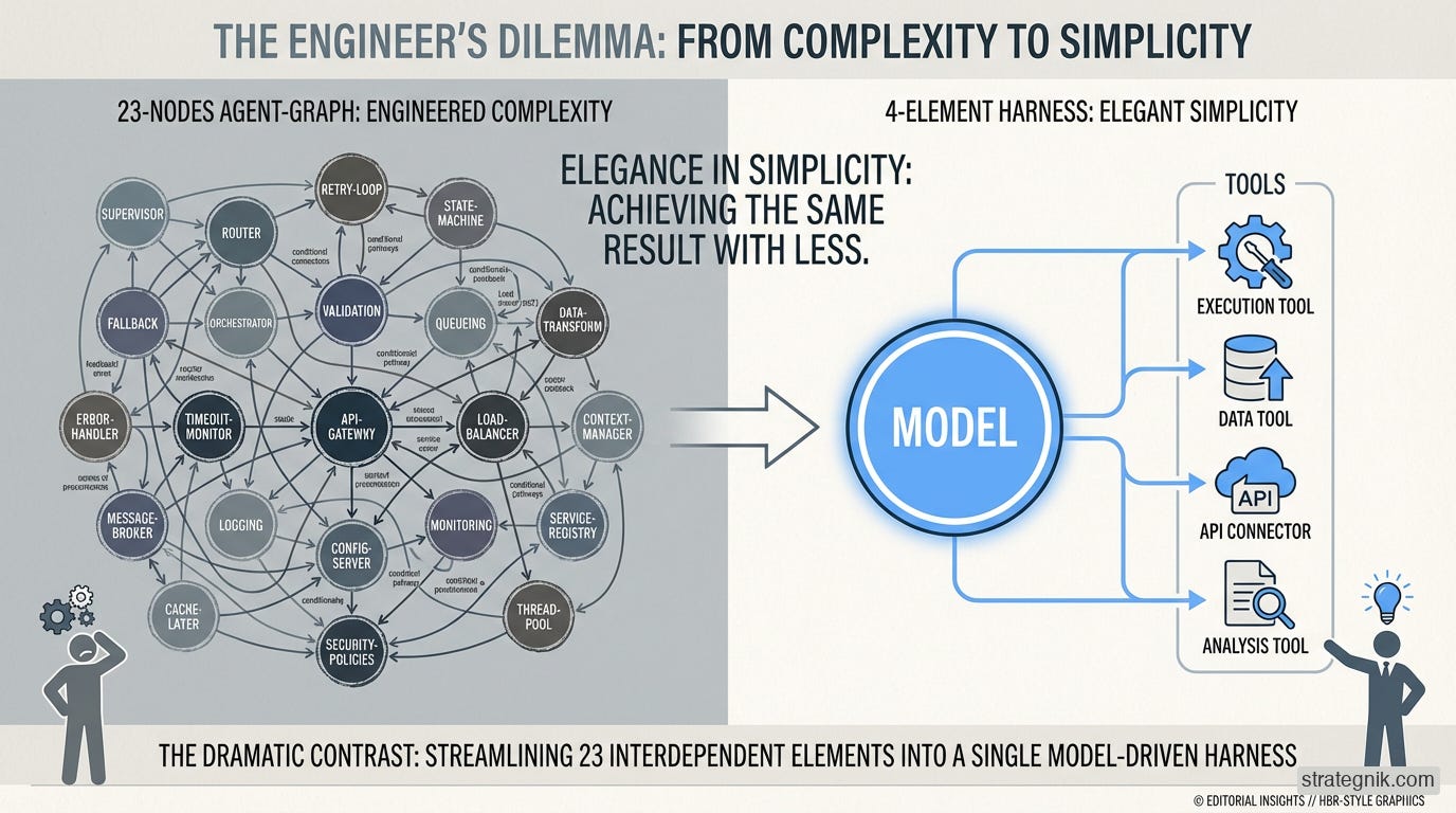 Diagram showing 23 interconnected agent-graph nodes on the left collapsing into a single model with four tools on the right — from engineered complexity to elegant simplicity Diagram showing 23 interconnected agent-graph nodes on the left collapsing into a single model with four tools on the right — from engineered complexity to elegant simplicity