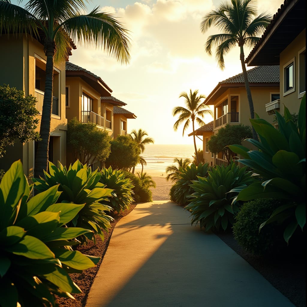 Luxurious condos in Jamaica, with warm tropical sunlight casting a golden glow on the modern architecture, set against a breathtaking backdrop of turquoise ocean and lush green palm trees