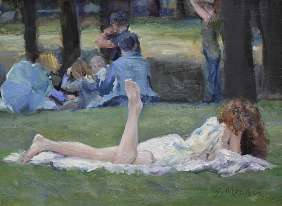 A painting of a person lying on the grass

Description automatically generated