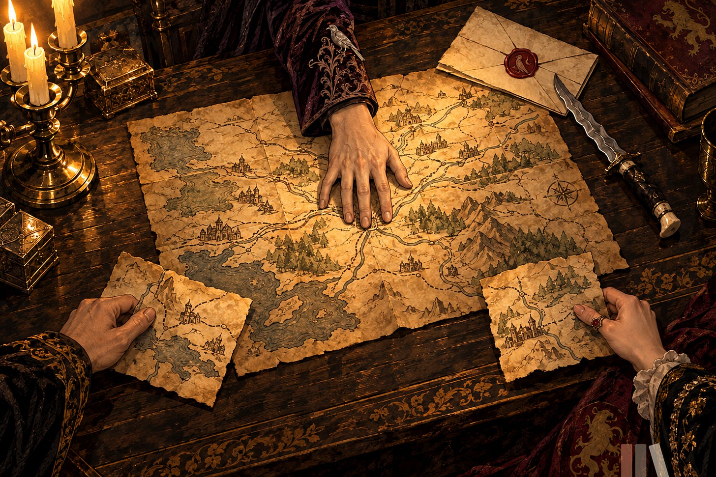 Littlefinger’s hand covers a junction on a parchment map while two others hold separate fragments. A sealed letter and dagger lie nearby. Littlefinger’s hand covers a junction on a parchment map while two others hold separate fragments. A sealed letter and dagger lie nearby.