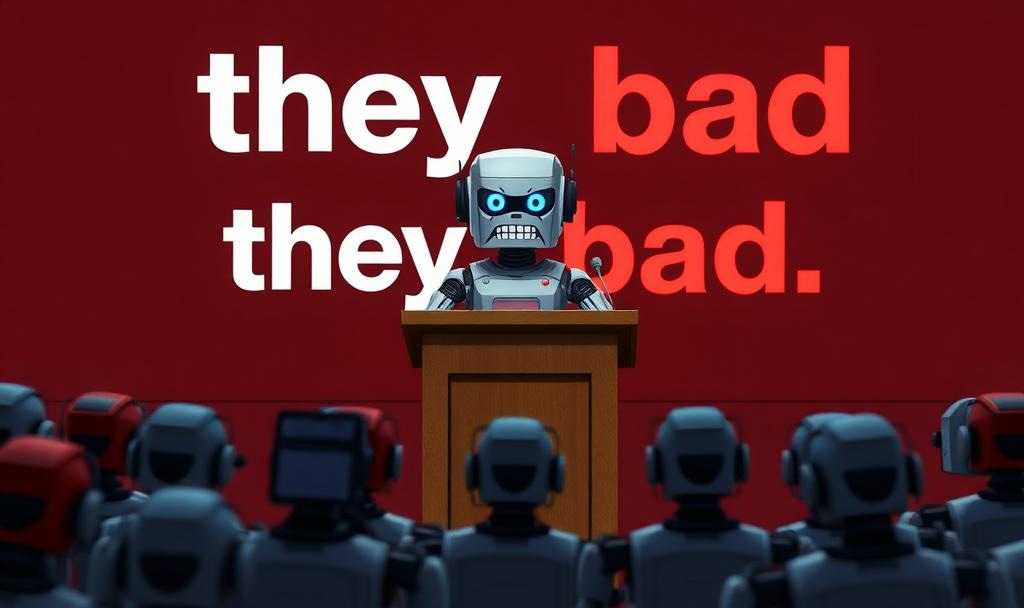 An angry robot standing at a lectern, addressing an audience of bots, with "They bad" written on the wall behind