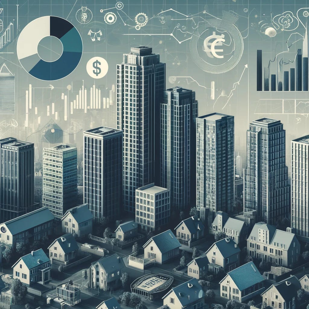 Create an aesthetically pleasing and visually relaxing image that represents Real Estate Investment Trusts (REITs), with a more subdued color scheme. The image should showcase elements such as high-rise buildings, commercial real estate, and symbols of investment like currency signs and pie charts, arranged harmoniously to convey a sense of investment opportunity and stability in the real estate market.