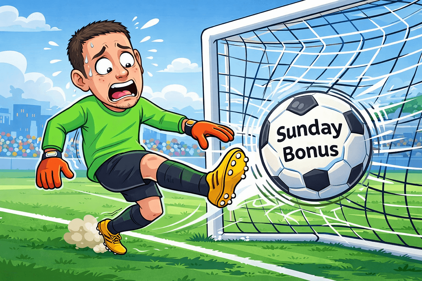 Cartoon goalkeeper in a green jersey and orange gloves sprawling sideways as a soccer ball labeled "Sunday Bonus" curves past him into the net.