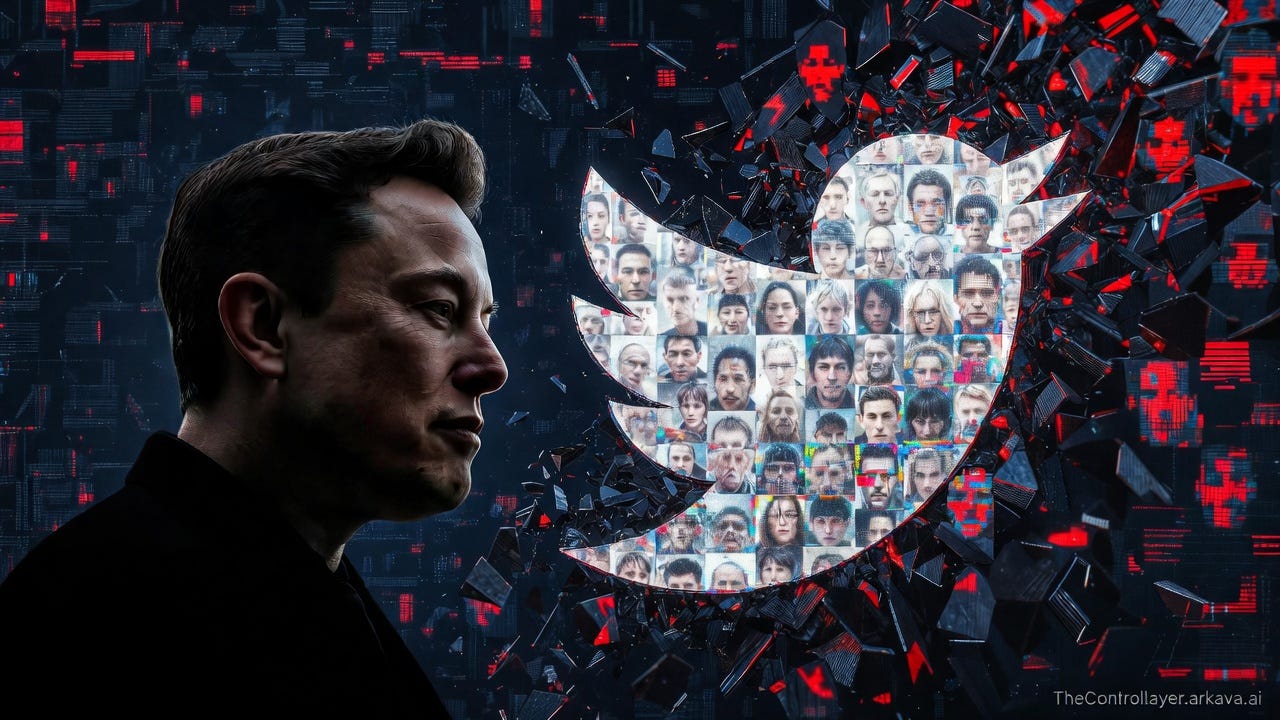 Editorial illustration showing Elon Musk's silhouette against a dark background with the X logo fragmenting into pixelated faces representing deepfake victims
