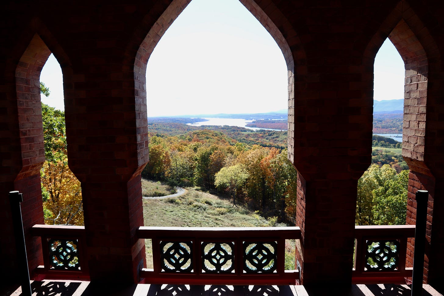 Persian Gothic arches frame a vista to the Hudson River at Olana.