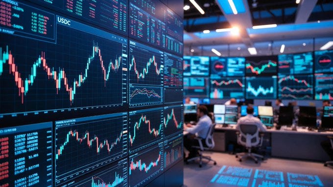 A busy financial trading floor with analysts at workstations surrounded by massive screens displaying USDC price charts, candlestick data, and market feeds, depicting institutional-scale stablecoin market surveillance A busy financial trading floor with analysts at workstations surrounded by massive screens displaying USDC price charts, candlestick data, and market feeds, depicting institutional-scale stablecoin market surveillance