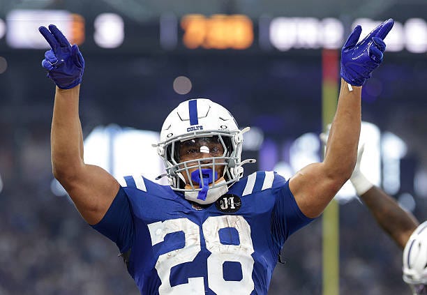 Jonathan Taylor of the Indianapolis Colts celebrates after a touchdown during the second quarter against the Las Vegas Raiders in the game at Lucas...