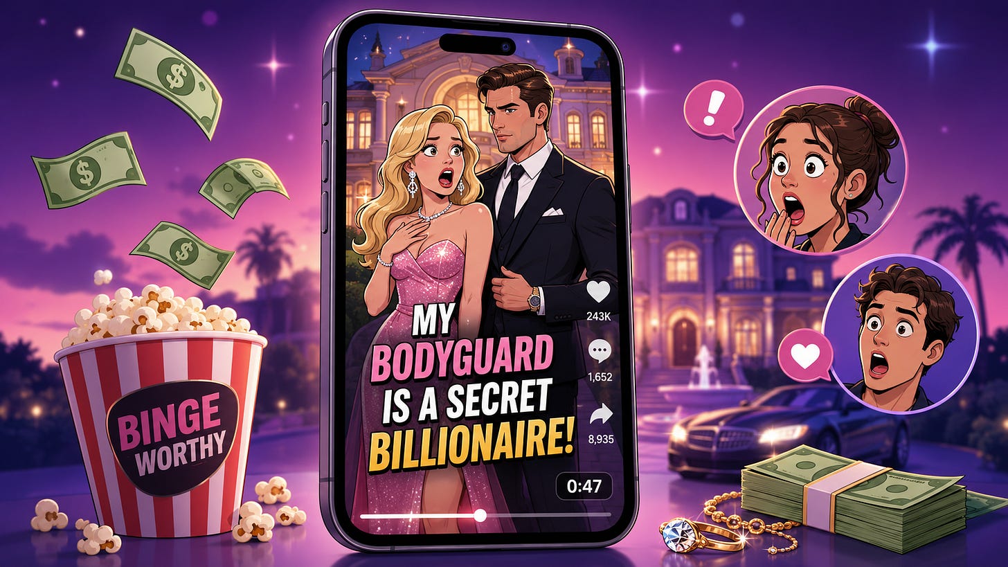 A funny cartoon take on microdramas. "My bodyguard is a secret billionaire" is the joke caption A funny cartoon take on microdramas. "My bodyguard is a secret billionaire" is the joke caption