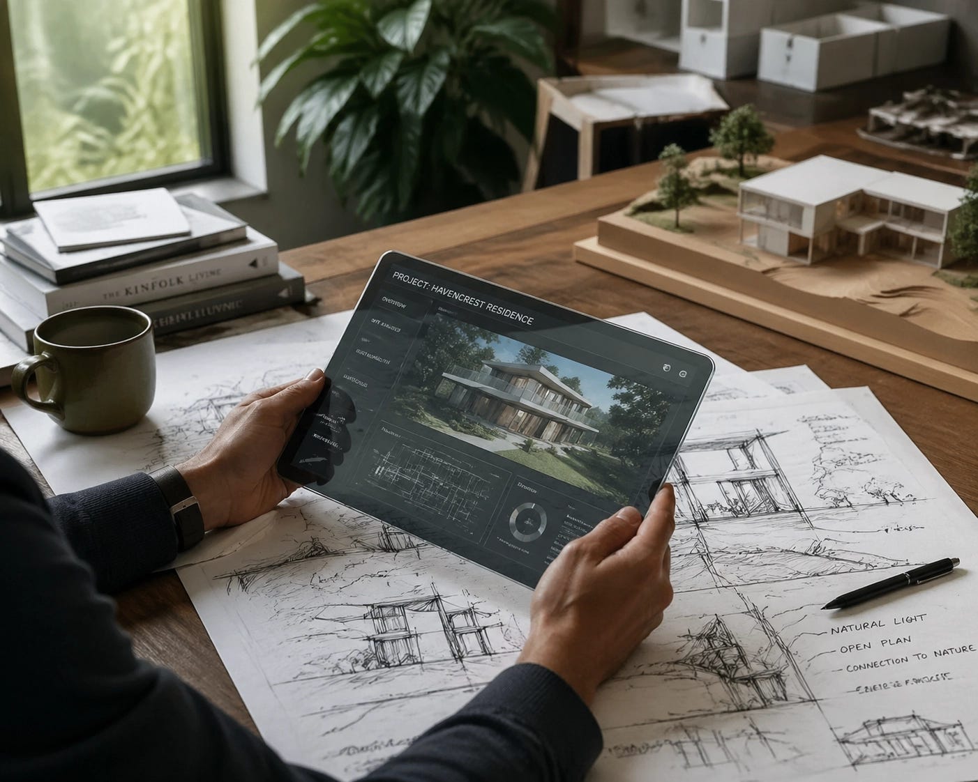 Modern innovation meeting regulatory strategy: hands holding a digital tablet over hand-drawn blueprints.