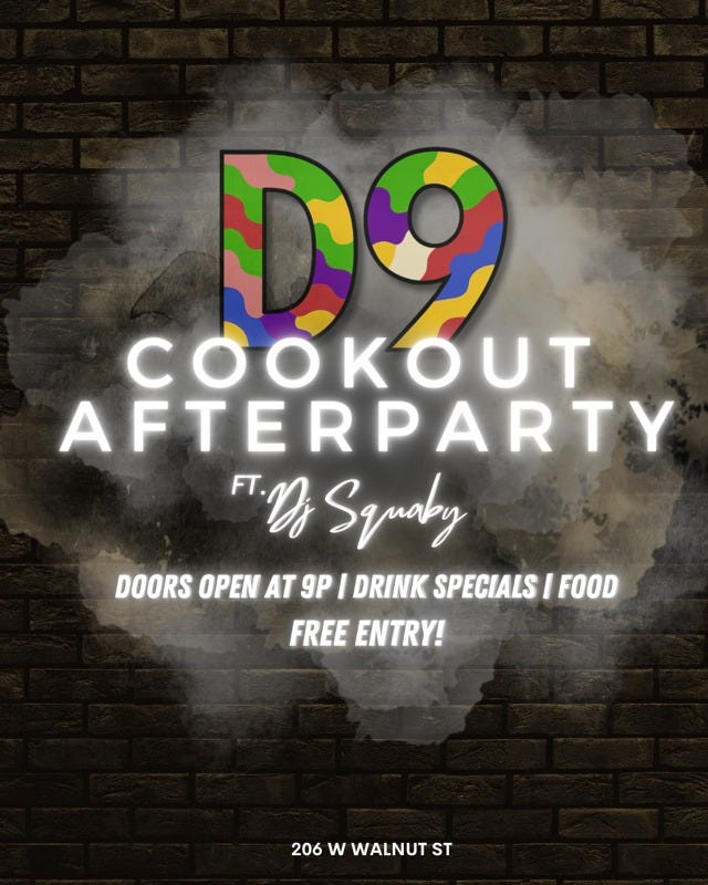 May be an image of text that says 'AFTERPARTY F.Ds Symaby DOORS OPEN AT 9P I DRINK SPECIALS I FOOD FREE ENTRY! 206 w WALNUT 206WWALNUTST ST'