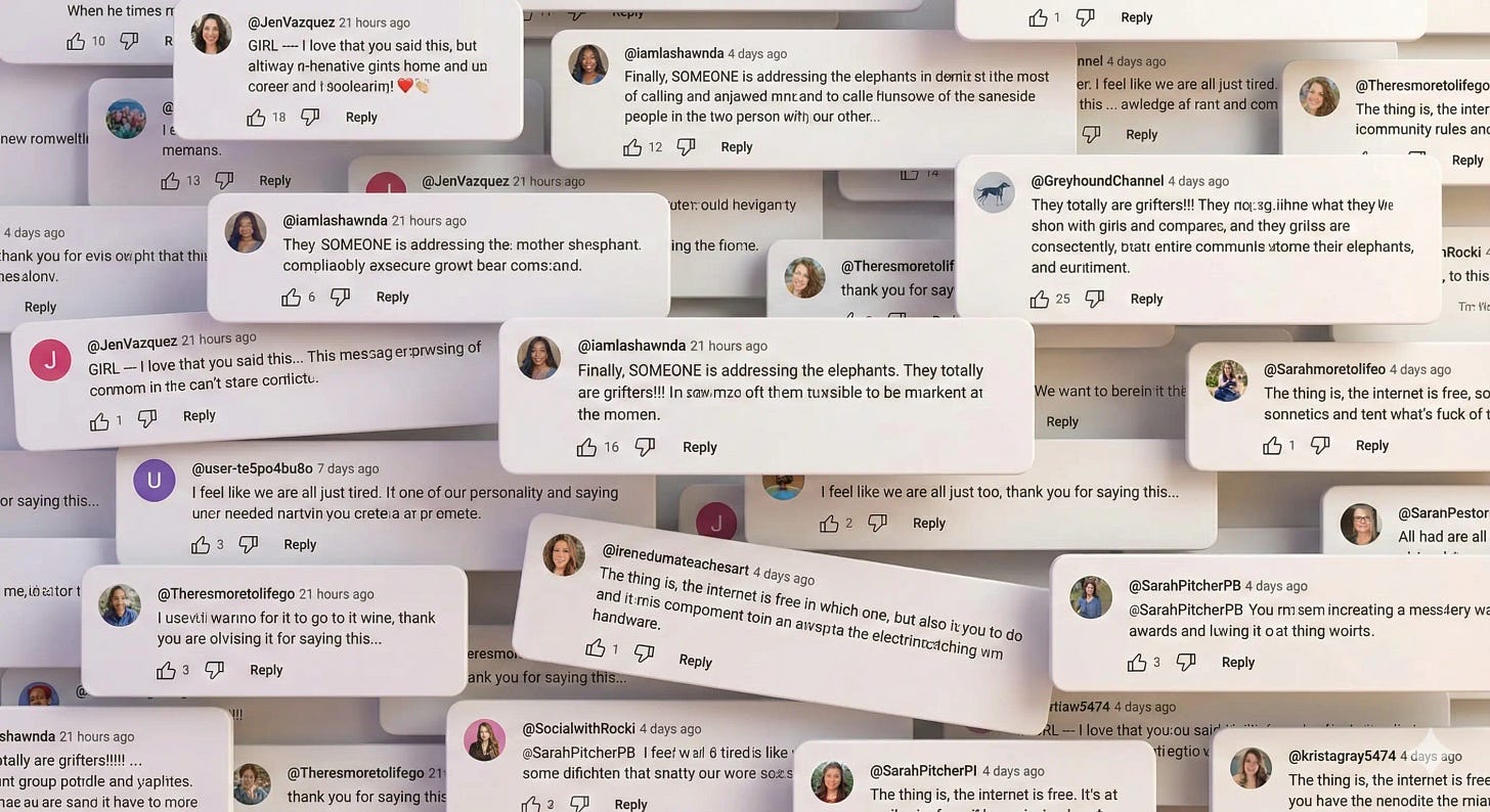 Collage of YouTube comments from Jessica Stansbury's video showing engaged responses about Amy Porterfield, Jenna Kutcher, and Alex Hormozi, with comments like 'Finally SOMEONE is addressing the elephants,' 'They totally are grifters,' and 'The thing is, the internet is free