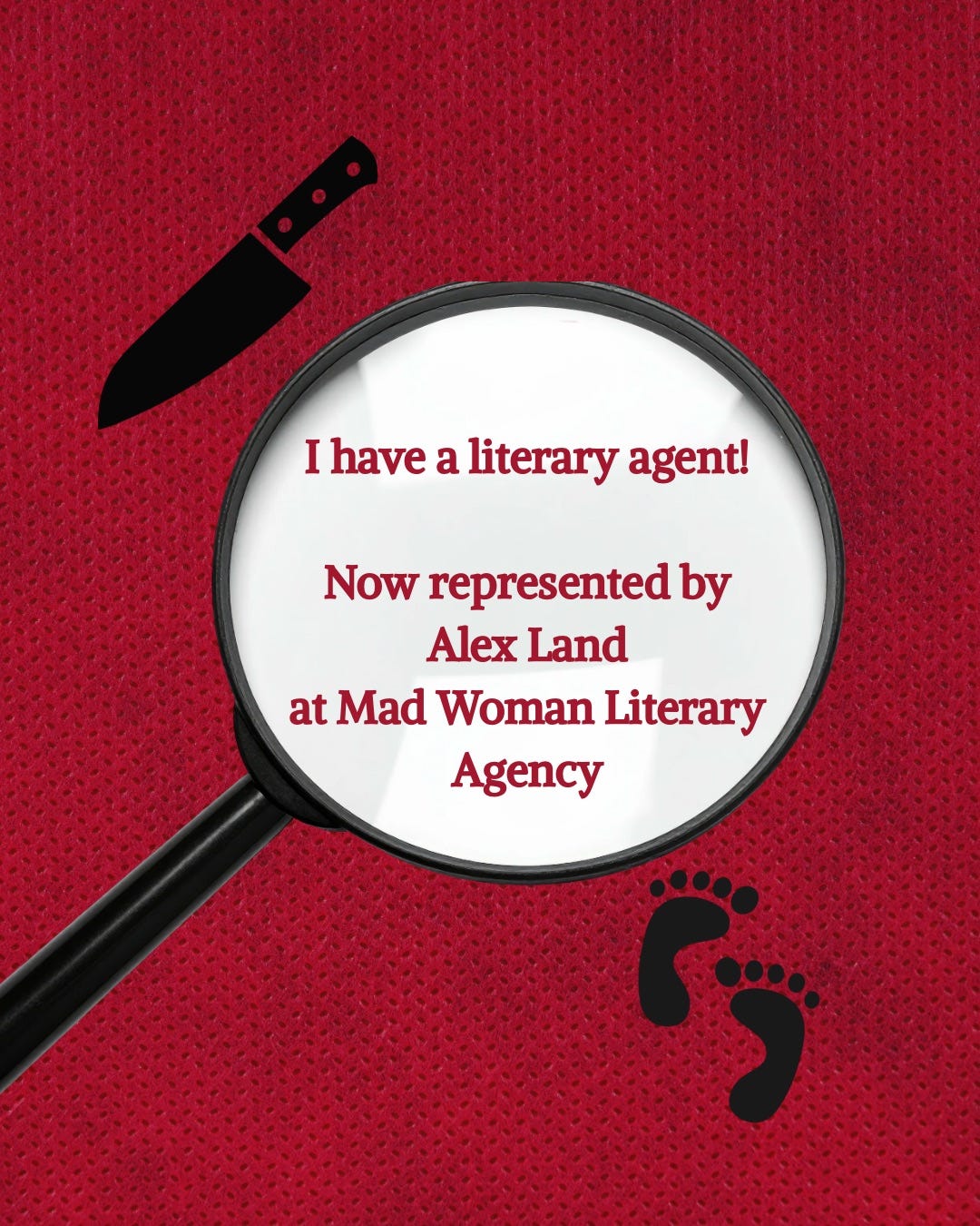 red background with magnifying glass and silhouette of knife and footprints