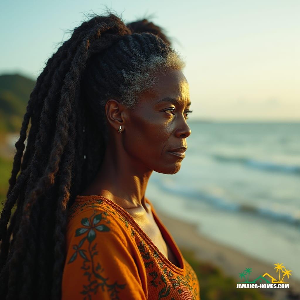 Regal, wise, and striking Rastafarian woman, a seasoned Environmental officer, stands majestically on Jamaica's coastline, her long, luscious dreadlocks cascading down her back like a rich, dark waterfall. She surveys the proposed development site with discerning eyes, her weathered, golden-brown skin a testament to her years of dedication to preserving the island's natural beauty.