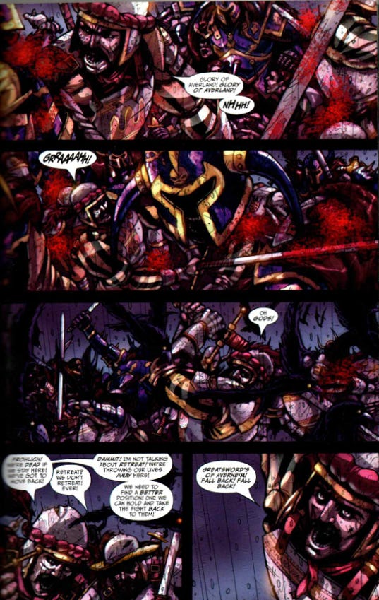 A page from the Forge of War comic showing Empire Greatswords struggle against a tide of Chaos Warriors and a sorcerous storm.