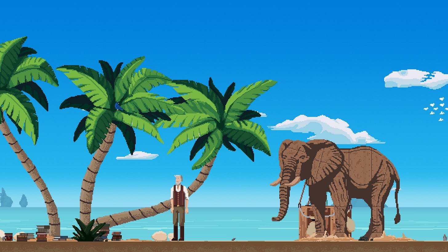 An in-game screenshot of the demo of Verne: The Shape of Fantasy, showing a man at a beach with palm trees on the left, and an elephant statue on the right against a blue sky.