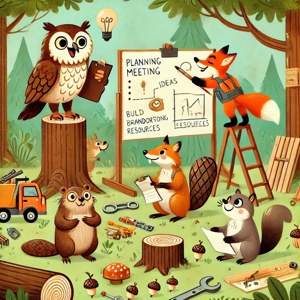 A group of animals collaborating on a project to illustrate teamwork practices. For example, a wise owl guiding a planning meeting with a clipboard, a busy beaver building with tools, a fox brainstorming ideas, and a squirrel gathering resources like acorns. The animals are gathered in a forest setting, with a whiteboard propped against a tree, tools and resources scattered around, and a collaborative, friendly atmosphere with animals working together harmoniously on a shared project.