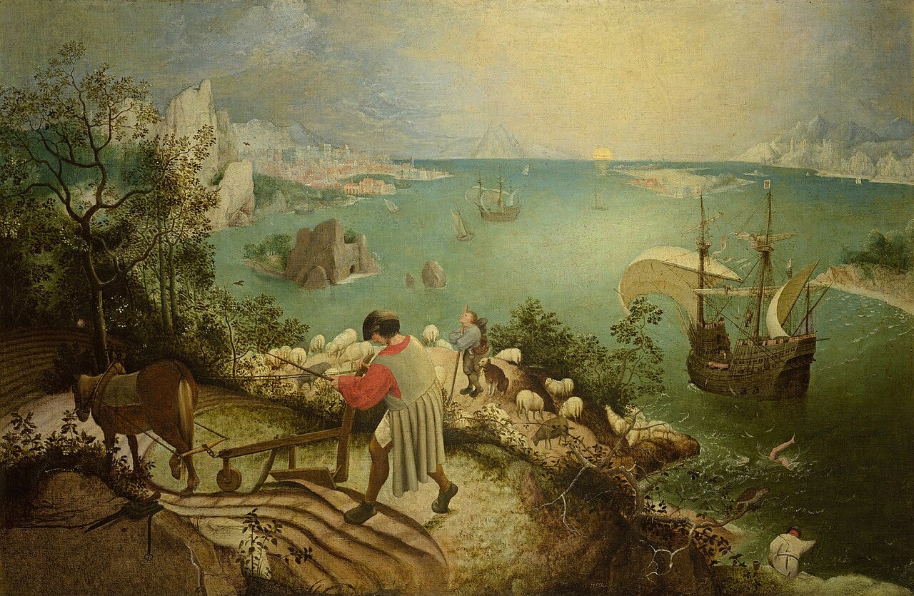 Landscape with the Fall of Icarus, a plowman and ship while Icarus drowns unnoticed Landscape with the Fall of Icarus, a plowman and ship while Icarus drowns unnoticed
