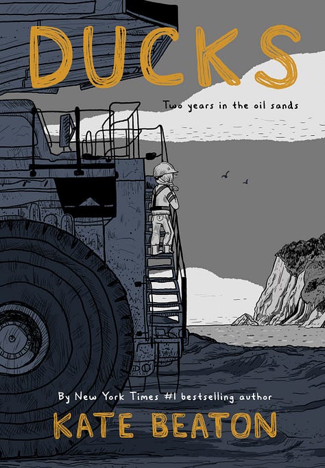 Cropped images of the covers for Lyorn (a dog with a long horn in the middle of its head), Ducks (a gigantic hauler with a young woman halfway up the ladder, looking at a desolate landscape) and Babel (a landscape of an Oxford that never was, focusing on the Translators college)