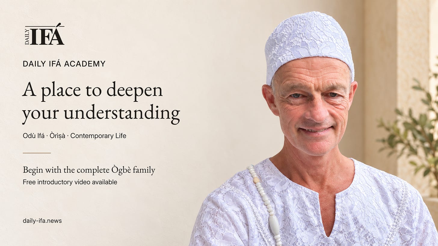Baba Tilo in white ceremonial clothing beside the DAILY IFÁ ACADEMY invitation, “A place to deepen your understanding,” announcing the complete Ògbè family and a free introductory video.