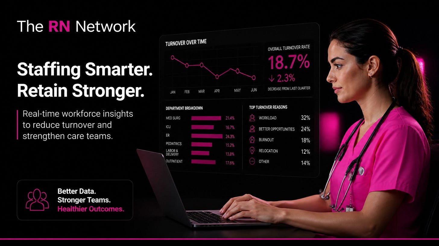A professional nurse in neutral scrubs reviewing staffing analytics with the RN Network logo