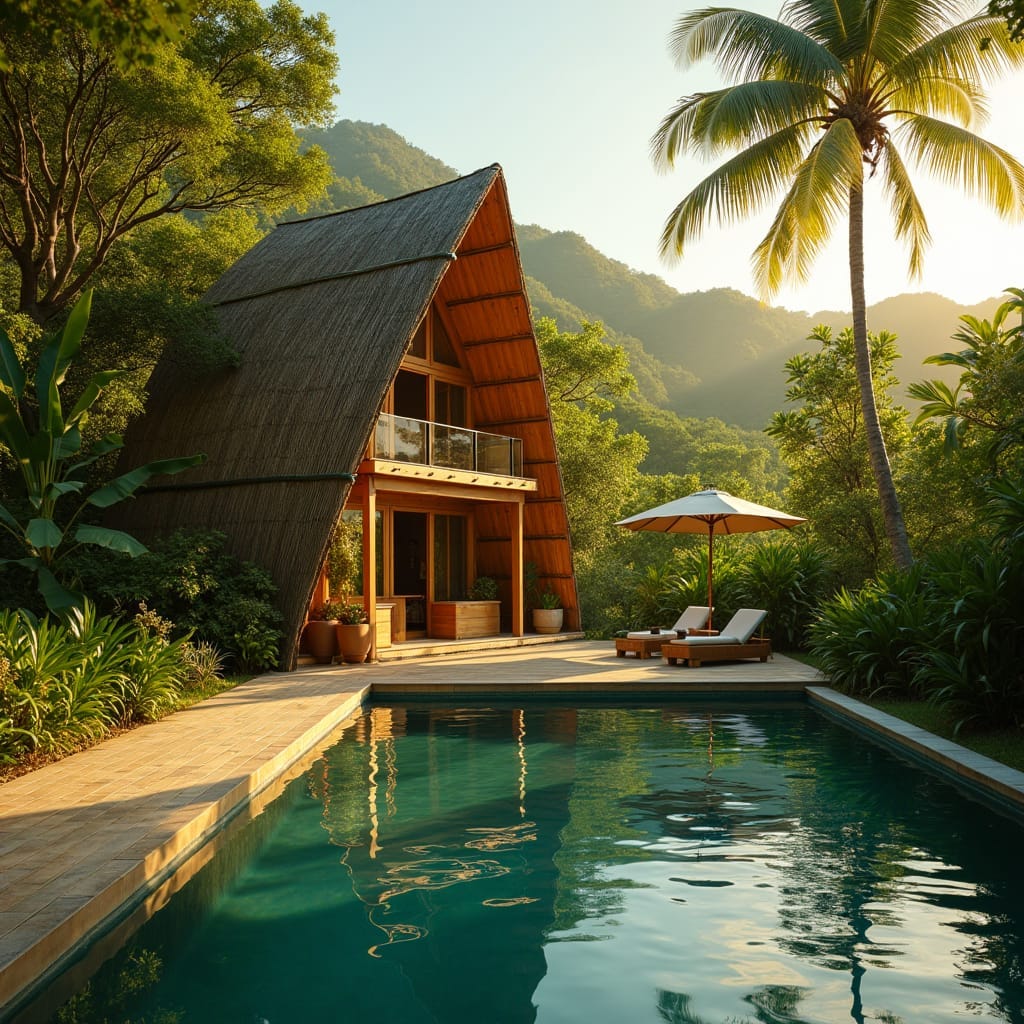 A modern bamboo home in Jamaica, surrounded by lush greenery and a serene swimming pool, basking in warm, golden light, as if kissed by the Caribbean sun.