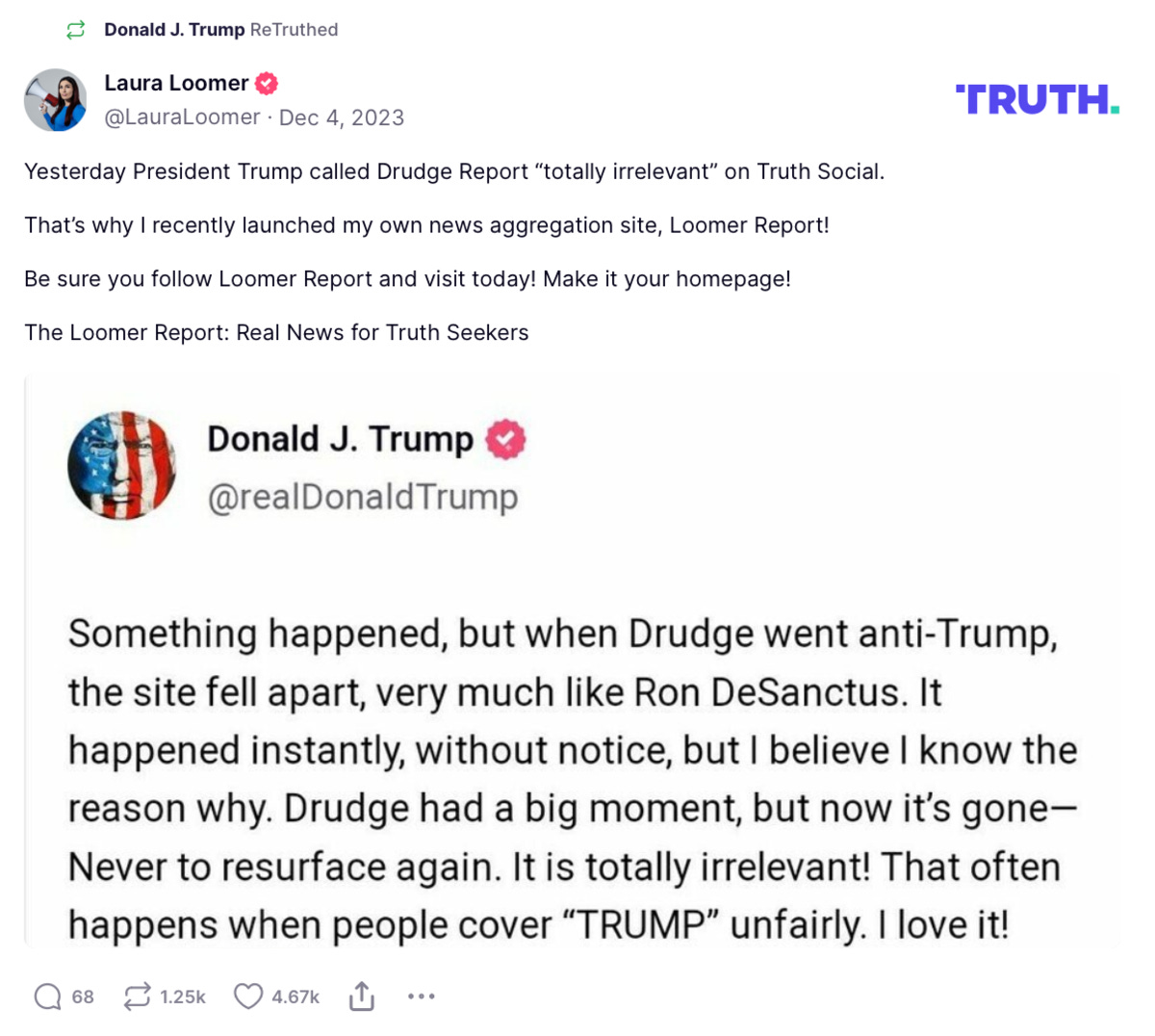 Trump reposted Loomer's promotion of her news aggregation webpage