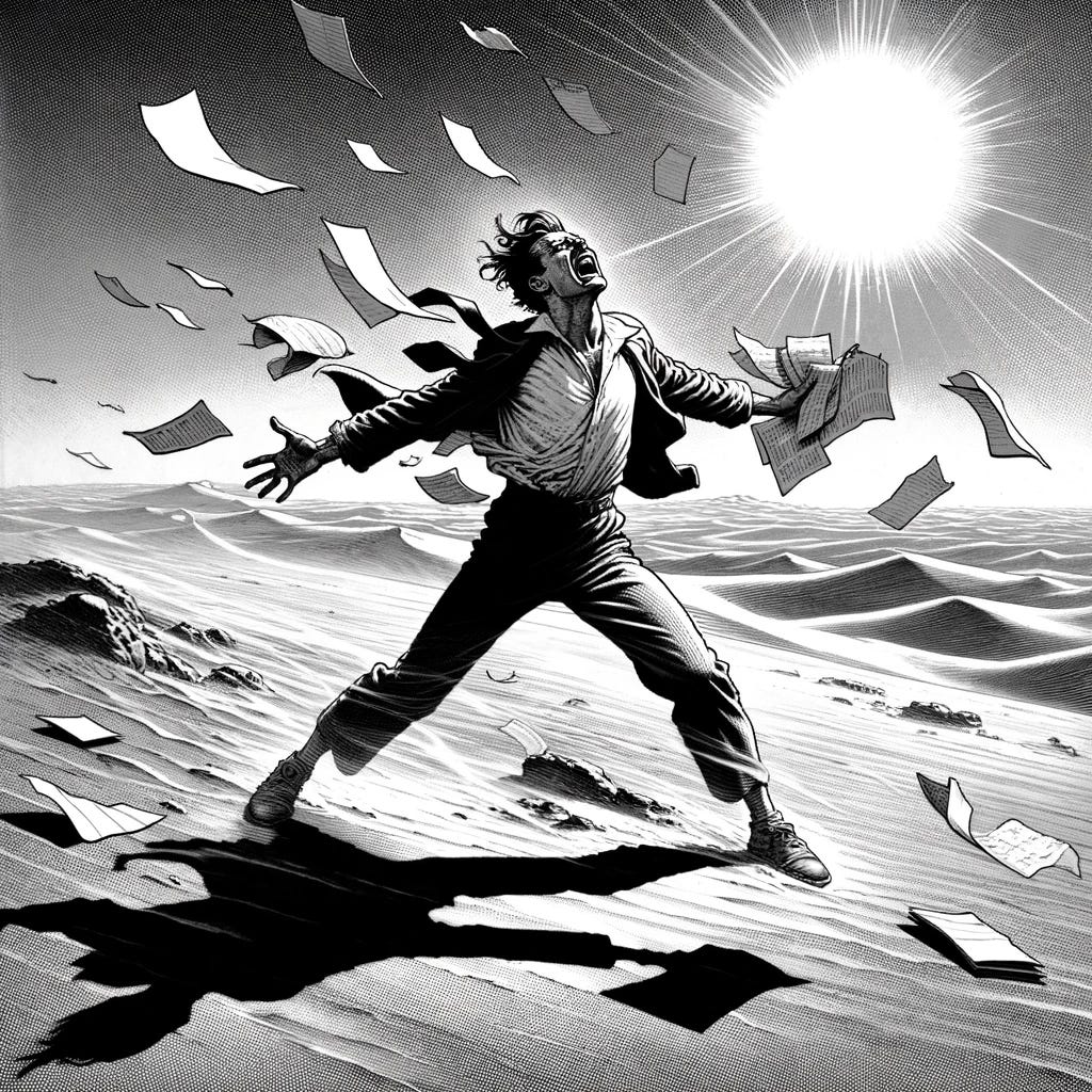 Recreate the scene in the style of a classic black and white comic book, focusing more on the desperation of the individual and less on an epic portrayal. In the vast emptiness of the desert, a lone figure stands awkwardly, papers clutched tightly to their chest, with several sheets already escaping into the wind. The person's posture and expression are exaggerated to emphasize their desperation and struggle against the elements. The desert around them is stark, with the sun glaring down mercilessly, highlighting the futility of their situation. The art style should highlight the intense emotions of the scene, with detailed expressions, dynamic lines suggesting movement of the wind and papers, and dramatic contrasts between light and shadow to underscore the person's plight.