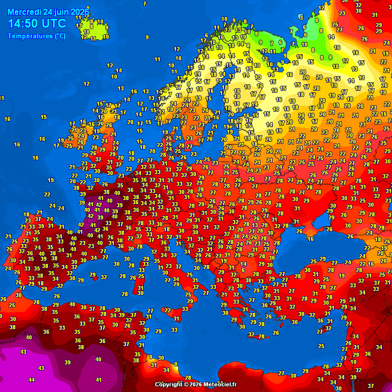 Temperature across Europe at 14:50 on 24 June. Southeast France at 42°C