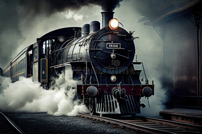 Classic Steam Train Pulling Out of Station, with Smoke and Steam Billowing from the Engine Stock ...