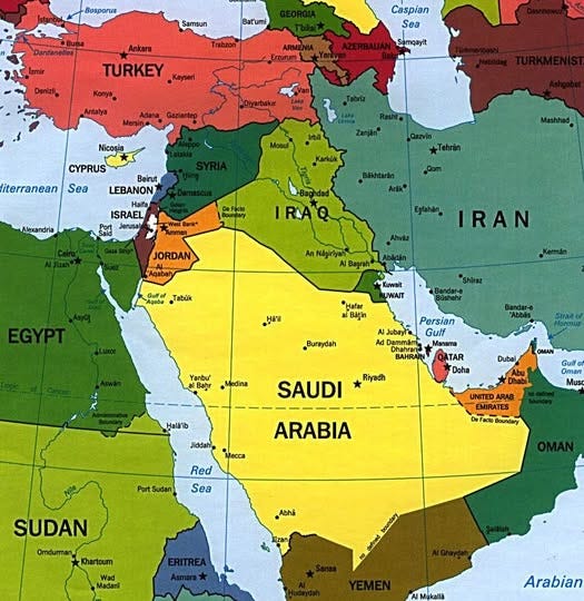 May be an image of map and text that says 'Bosporus Samsun Bat'umi Caspian TURKEY Kayseri KoлyB Semqayit Antalya Gaziantep CYPRUS Sea iterranean Beirut LEBANON Halfa ISRAEL Jerusal Alexandria Tehran JORDAN Agabah Ahwaz AnNagiriyan Başrah Agaba Tabük IRAN Kerman Kuwait UWAIT •Halar Shiraz 생께기 Buraydah Persian AI JubayT'a Ad Dammám BAHRA Yanbu Bahr Strait Medina Manama ATAR Doha Riyadh Dubal SAUDI OMAN Gulf OTων Jiddahi MUH Mecca ARABIA UNITED EMIRATES DeFacto Boundary Port Sudan Red Sea SUDAN Omdurman Khartoum Abha Madari ERITREA Mukalli Arabian'