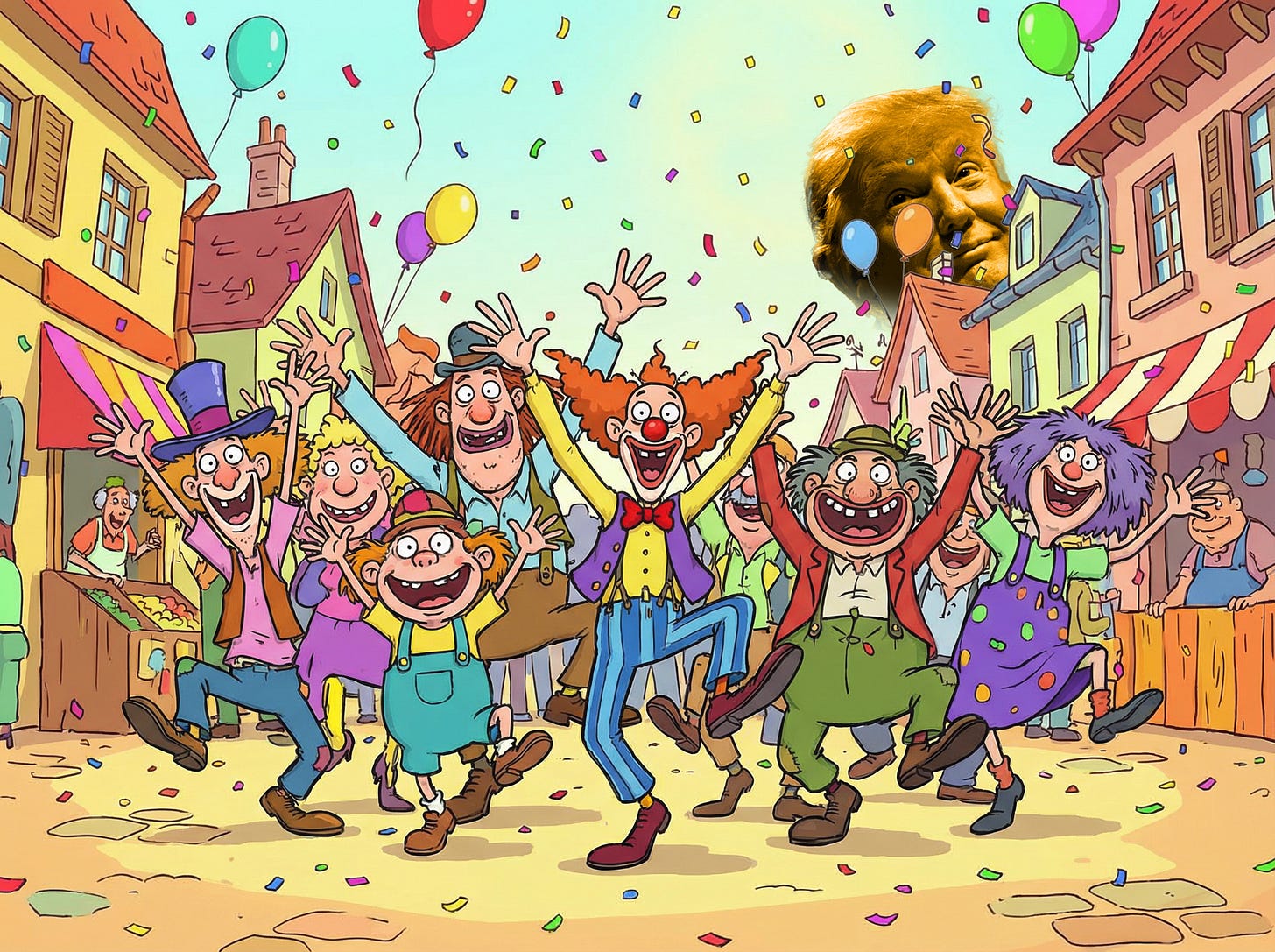 Cartoon of crazed people jumping for joy with Trump's head hovering in the background