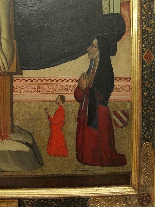 Detail of painting showing a kneeling Margherita and the child Ginevra