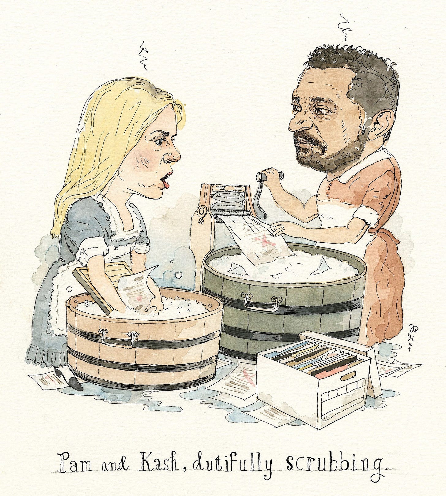 May be an illustration of text that says '魚命 Pam and Kash dutifully scrubbing'