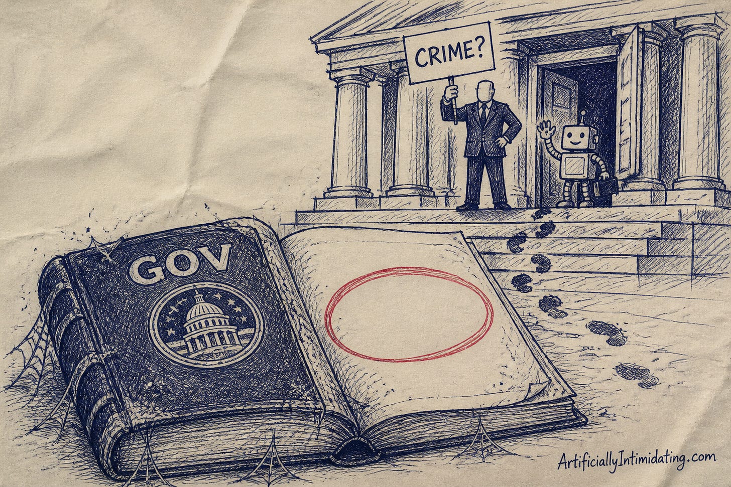 A stern official in a suit holds a sign reading CRIME? on the steps of a columned government building while a small grey robot with a briefcase waves from the open doorway, muddy footprints trailing up the steps, and a huge dusty law book with a blank page circled in red lies in the foreground. A stern official in a suit holds a sign reading CRIME? on the steps of a columned government building while a small grey robot with a briefcase waves from the open doorway, muddy footprints trailing up the steps, and a huge dusty law book with a blank page circled in red lies in the foreground.