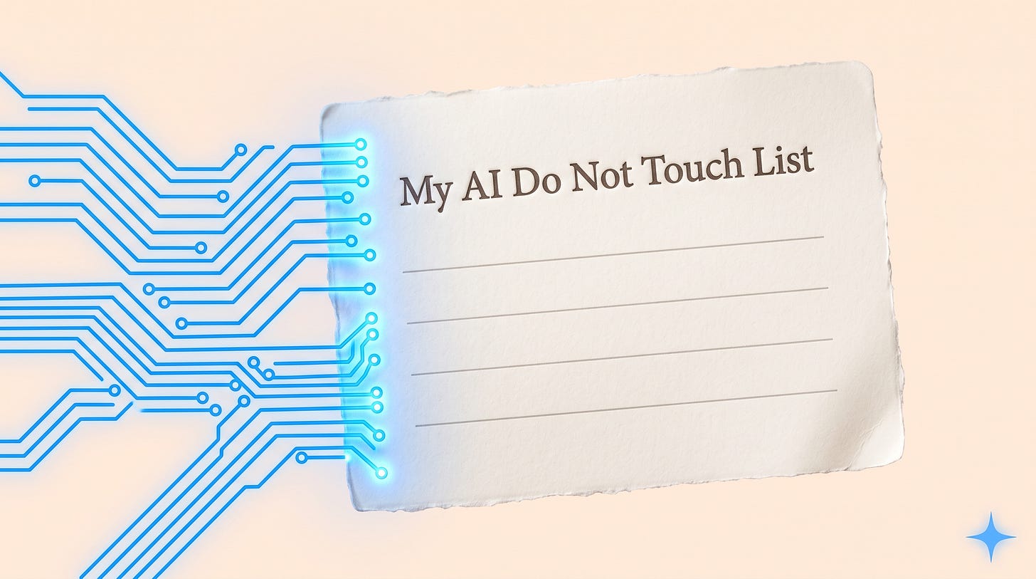 Floating letterpress card reading DO NOT TOUCH with glowing blue circuits stopping at its edge — your AI vision starts with a do-not-touch list | Leadership in Change by Joel Salinas Floating letterpress card reading DO NOT TOUCH with glowing blue circuits stopping at its edge — your AI vision starts with a do-not-touch list | Leadership in Change by Joel Salinas