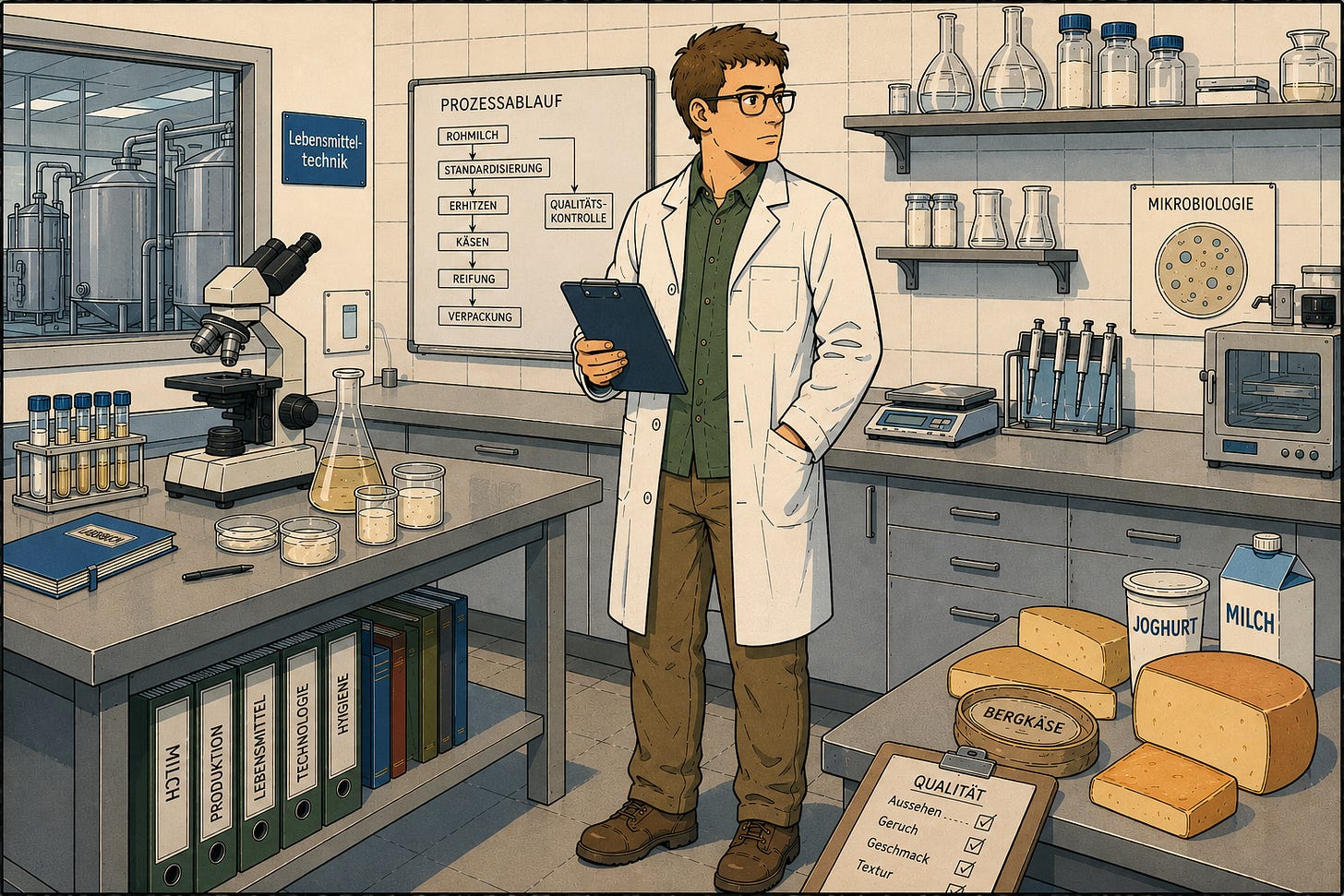 KI-generierte Illustration im Ligne-Claire-Stil zu einer fiktiven Geschichte mit fiktiven Personen: Lukas Steiner arbeitet als Lebensmitteltechnologe in einem Molkereilabor. Mit Laborkittel, grünem Hemd und Brille steht er zwischen Mikroskop, Proben und Laborgeräten; im Vordergrund liegen Milchprodukte und Käse zur Qualitätskontrolle. KI-generierte Illustration im Ligne-Claire-Stil zu einer fiktiven Geschichte mit fiktiven Personen: Lukas Steiner arbeitet als Lebensmitteltechnologe in einem Molkereilabor. Mit Laborkittel, grünem Hemd und Brille steht er zwischen Mikroskop, Proben und Laborgeräten; im Vordergrund liegen Milchprodukte und Käse zur Qualitätskontrolle.