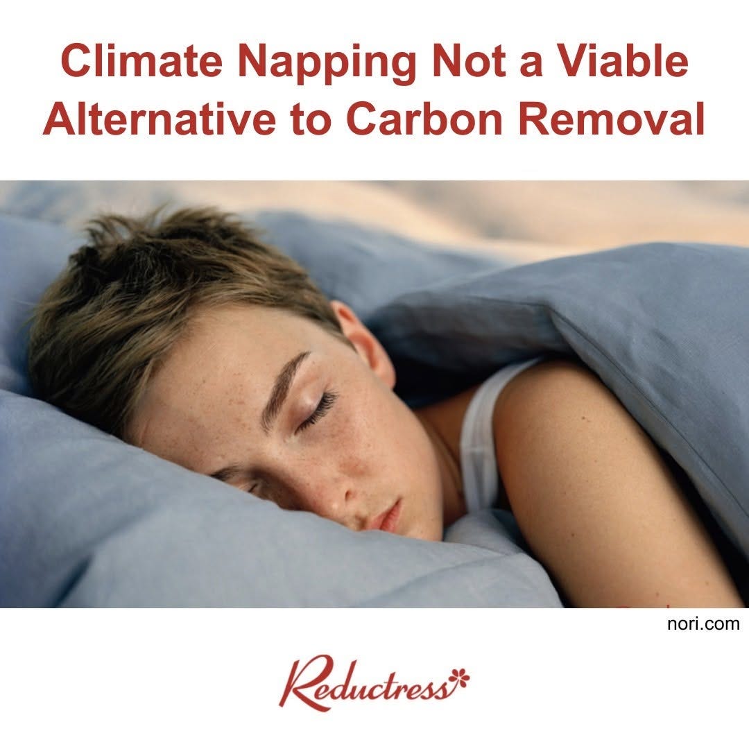 Satirical headline: "Climate Napping Not a Viable Alternative to Carbon Removal", above a photo of a young man asleep under a duvet.