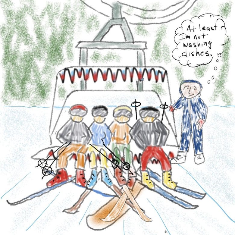  A cartoon drawing of a lift worker loading skiers onto a chair. His thought bubble reads "At least I'm not doing dishes."