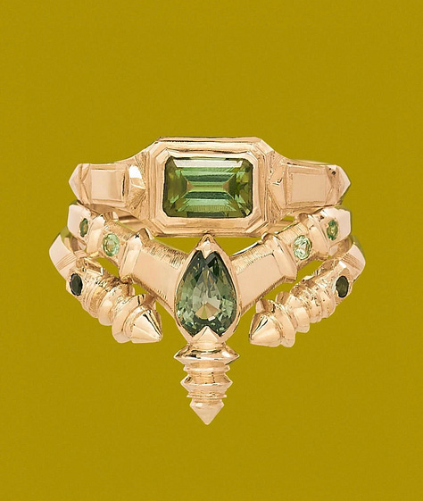 A ring by Jasmine Ataullah, Castro Smith's workbench, Emefa Cole with a ring.